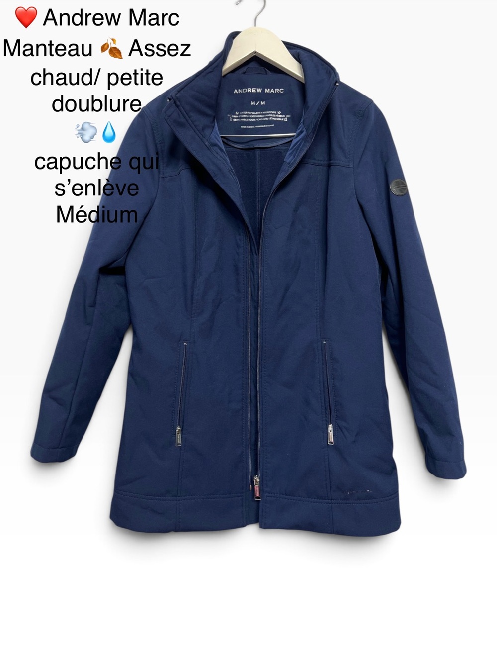 Andrew Marc Navy Hooded Trench Coat with Zip Pockets